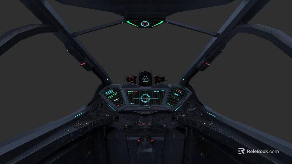Modern Fighter Jet Cockpit Interior With Digital Dashboard And Green Indicators 3d model 