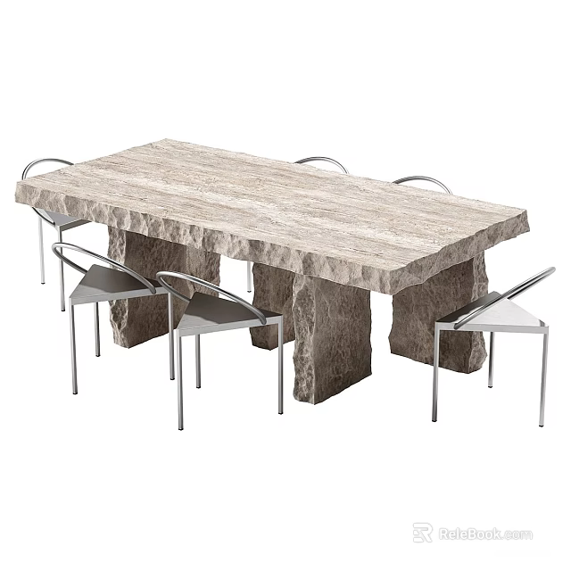 Modern Dining Table Set With Stone Tabletop And Metal Frame Chairs 3d model 