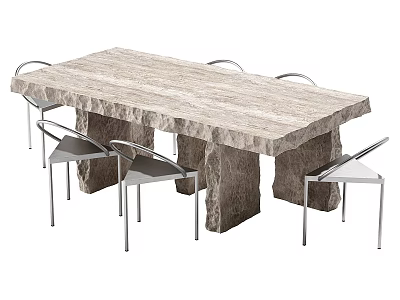 Modern Dining Table Set With Stone Tabletop And Metal Frame Chairs 3d model
