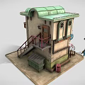 Cartoon Scene Quaint Building with Green Roof Clock Awning Street Lamp Bicycle Outdoor Table Chairs