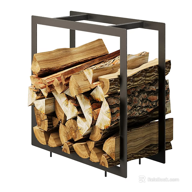 Sturdy Fireplace Tools Storage Rack with Black Metal Frame and Stacked Firewood Logs Design 3d model 