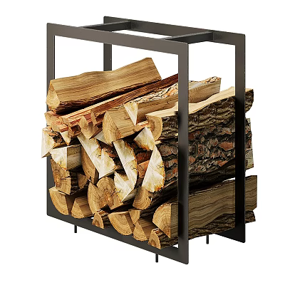 Sturdy Fireplace Tools Storage Rack with Black Metal Frame and Stacked Firewood Logs Design 3d model