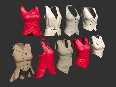Various Stylish Women's Vests With Button Details In Red Beige And White Colors 3d model