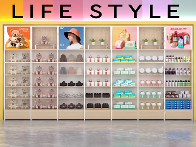 Retail Display Shelves With Various Lifestyle Products And Colorful Background Panels 3d model