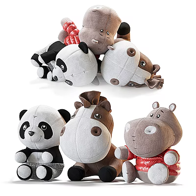 Cute Plush Animal Stuffed Toys Panda Horse Hippo Soft Kids Gifts 3d model