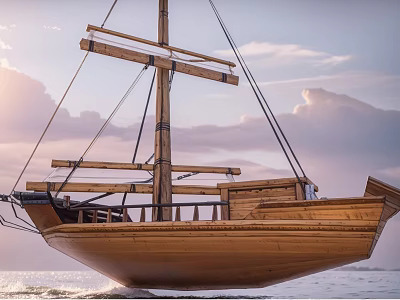 Traditional Wooden Sailboat Sailing On Ocean With Sunset Sky And Fluffy Clouds 3d model