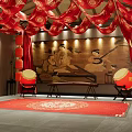 Traditional Chinese Interior With Red Draperies Lanterns Ancient Painting And Drums