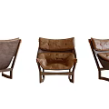 Modern Brown Leather Leisure Chair With Wooden Frame Shown In Multiple Angles