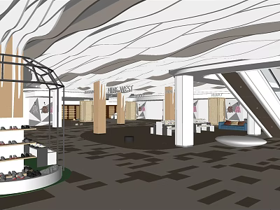 Spacious Shopping Mall Lobby Featuring Wave Ceiling Columns Display Cases And Geometric Tiles 3d model