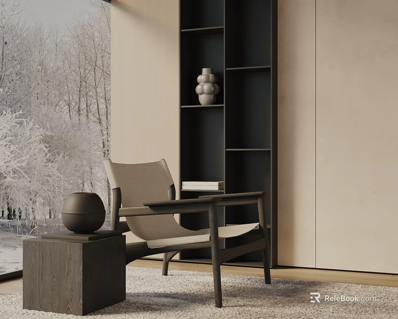 Modern Interior Neutral Toned Leisure Chair With Black Bookshelf Wooden Side Table And Snowy View 3d model 