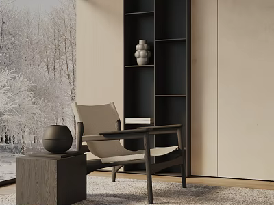 Modern Interior Neutral Toned Leisure Chair With Black Bookshelf Wooden Side Table And Snowy View 3d model