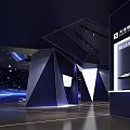 Modern Exhibition Hall Interior With Metallic Ceiling Large Decorative Screen And Staircase