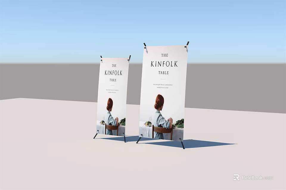 Two Display Shelves With THE KINFOLK ISSUE Text And Person Image Setup 3d model 