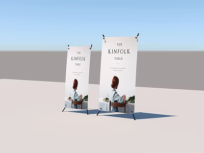 Two Display Shelves With THE KINFOLK ISSUE Text And Person Image Setup 3d model