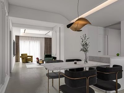 Modern Living Dining Room Interior With Black Chairs White Table Green Plants And Pendant Lamp 3d model