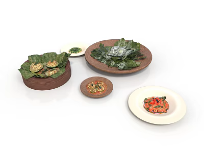 Traditional Asian Cuisine Dishes With Leaf Wrapped Food And Colorful Ingredients On Wooden White Plates 3d model