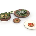 Traditional Asian Cuisine Dishes With Leaf Wrapped Food And Colorful Ingredients On Wooden White Plates