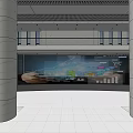 Modern Lobby Reception Area With White Tiled Floor Gray Pillars And Large Screens
