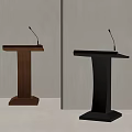 Modern Wooden and Black Podiums with Microphones on White Background