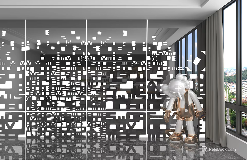 Modern Feature Wall With Hollow Alphabet Geometric Pattern And Decorative Sculpture 3d model 