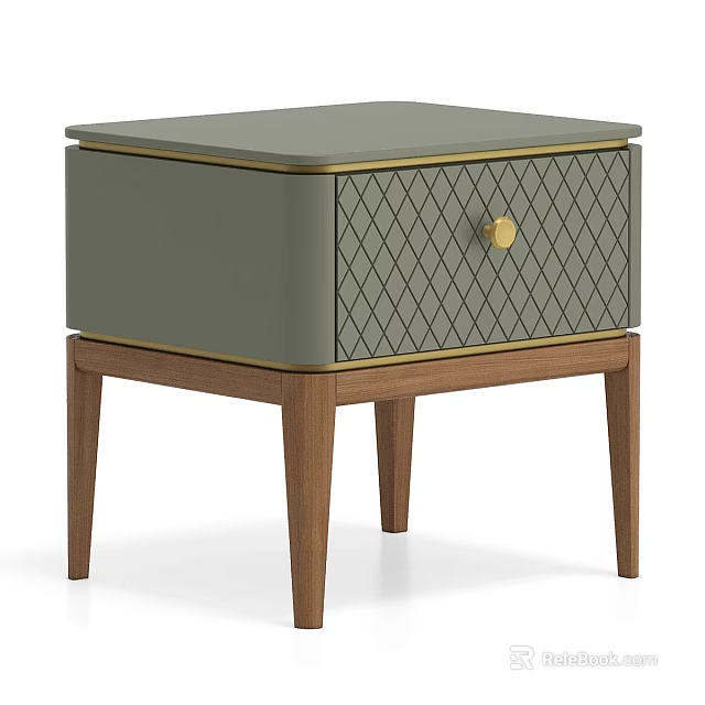 Grayish Green Bedside Table With Diamond Pattern Drawer Gold Knob And Wooden Legs 3d model 