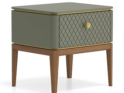 Grayish Green Bedside Table With Diamond Pattern Drawer Gold Knob And Wooden Legs 3d model