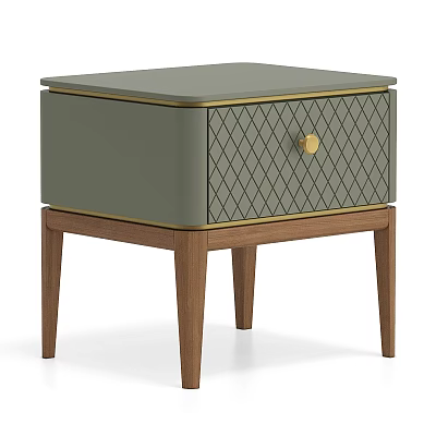 Grayish Green Bedside Table With Diamond Pattern Drawer Gold Knob And Wooden Legs 3d model