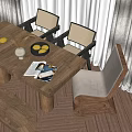 Wooden Dining Table Set With Woven Back Chairs Bench Lemons Vase And Magazine
