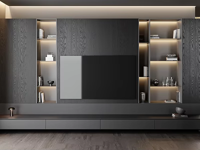 Modern Wooden TV Wall Unit With LED Lighting Open Shelves And TV Screen 3d model