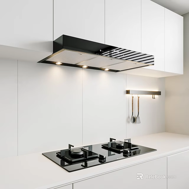 Modern Kitchen Interior With White Cabinets Range Hood And Stove 3d model