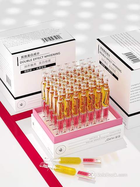 Double Effect Whitening Cosmetic Ampoules with Transparent Vials Yellow Liquid and Pink Tray 3d model 