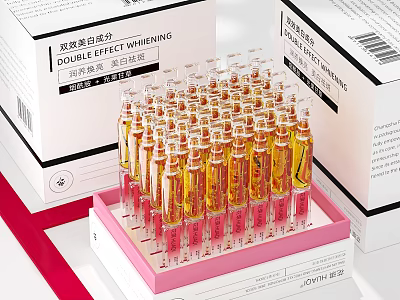 Double Effect Whitening Cosmetic Ampoules with Transparent Vials Yellow Liquid and Pink Tray 3d model