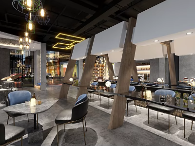 Modern Restaurant Interior With Wooden Pillars Chandeliers Blue Chairs And Round Tables 3d model