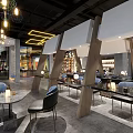 Modern Restaurant Interior With Wooden Pillars Chandeliers Blue Chairs And Round Tables