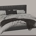 Modern Double Bed with Grey Headboard White Duvet Pillows Checkered Cushion and Dark Brown Throw