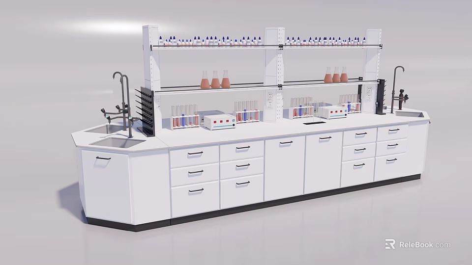 Lab Functional Table With White Cabinets Drawers Shelves Faucet And Lab Equipment 3d model 
