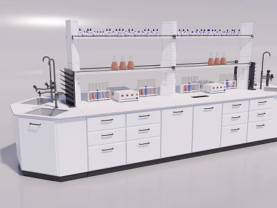 Lab Functional Table With White Cabinets Drawers Shelves Faucet And Lab Equipment 3d model