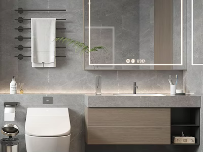 Sleek Modern Bathroom Cabinet With Backlit Mirror Countertop Towel Rack And Toiletries 3d model