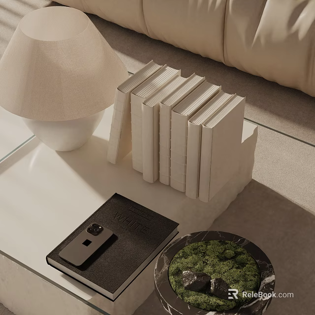 Decorative Ornament Set With Table Lamp Stacked Books Leather Notebook And Moss Plant Coffee Table 3d model 