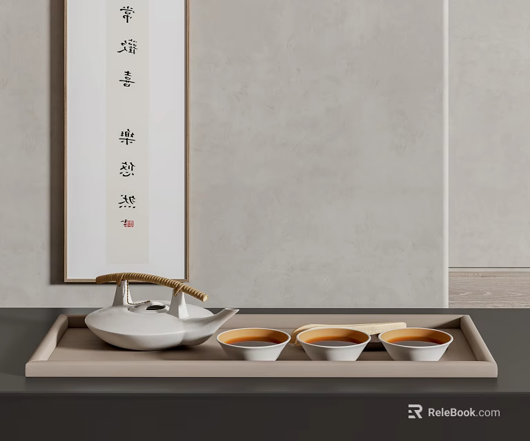 Traditional Chinese Tea Set with White Teapot Cups on Wooden Tray and Calligraphy Background 3d model 