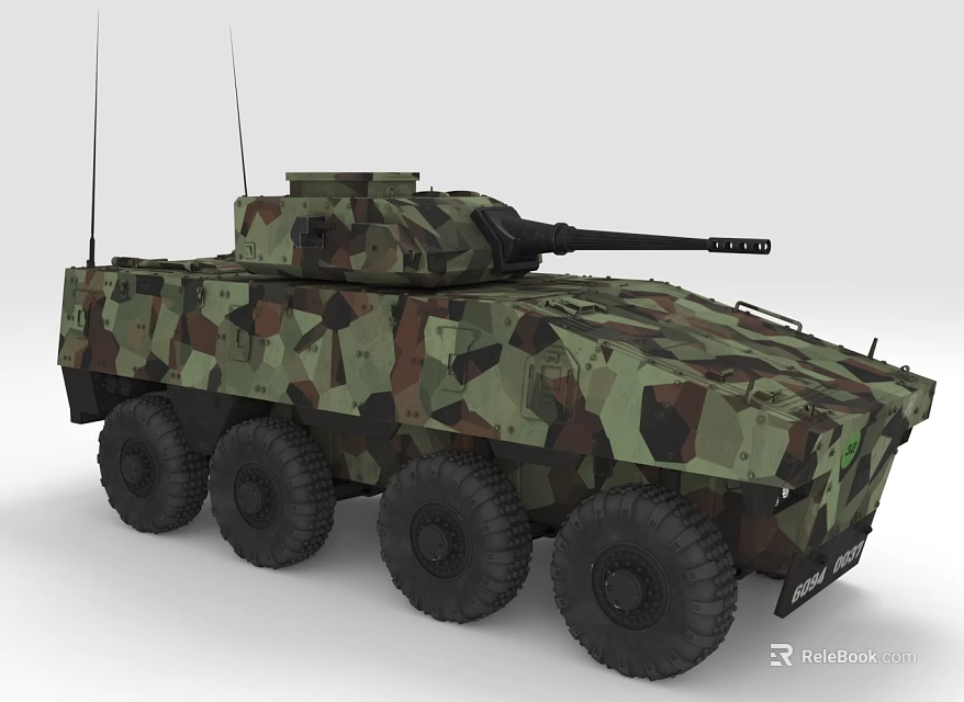 Armored Military Vehicle With Camouflage Paint Six Wheels Turret And Antennas 3d model 