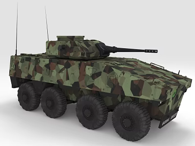 Armored Military Vehicle With Camouflage Paint Six Wheels Turret And Antennas 3d model