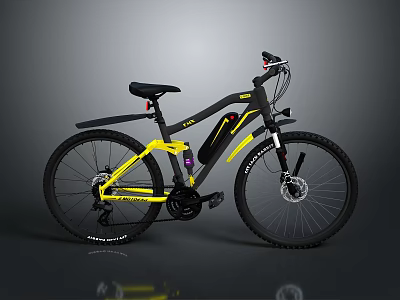 Electric Mountain Bike With Black And Yellow Frame Large Wheels And Battery 3d model