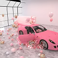 Pink Sports Car Surrounded By Colorful Balloons And Flower Petals In Room