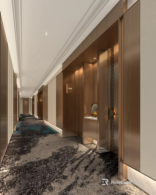 Modern Hotel Corridor Interior With Wooden Walls Patterned Carpet Lighting And Decorative Accents 3d model 
