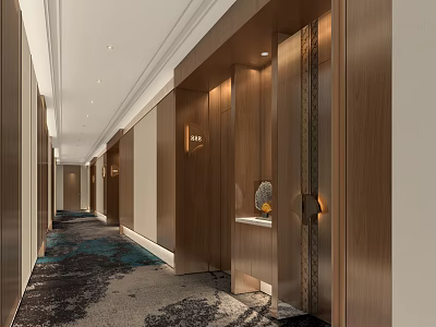 Modern Hotel Corridor Interior With Wooden Walls Patterned Carpet Lighting And Decorative Accents 3d model