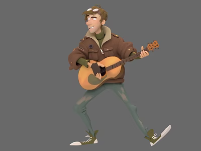 A Man In Brown Jacket Green Pants And Shoes With Glasses Playing Acoustic Guitar Walking 3d model