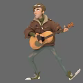 A Man In Brown Jacket Green Pants And Shoes With Glasses Playing Acoustic Guitar Walking