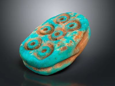 Turquoise And Brown Oval Shaped Sculpture With Circular Holes And Textured Surface 3d model