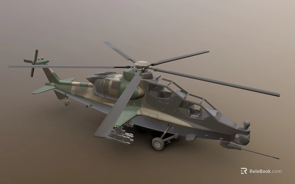 Detailed Military Attack Helicopter With Camouflage Paint Rotors Weapon Systems And Cockpit 3d model 